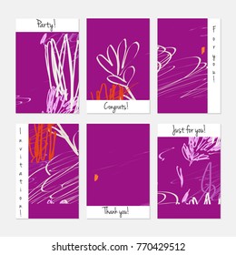 Hand drawn creative universal invitation greeting cards template. Abstract scribbles doodles bright colors.Birthday, wedding, party, social media banners templates. Isolated vector card templates.