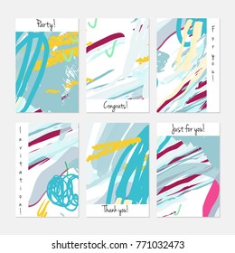 Hand drawn creative universal invitation greeting cards template. Abstract scribbles doodles bright colors.Birthday, wedding, party, social media banners templates. Isolated vector card templates.