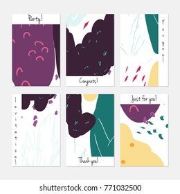 Hand drawn creative universal invitation greeting cards template. Abstract scribbles doodles bright colors.Birthday, wedding, party, social media banners templates. Isolated vector card templates.