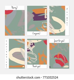Hand drawn creative universal invitation greeting cards template. Abstract scribbles doodles bright colors.Birthday, wedding, party, social media banners templates. Isolated vector card templates.