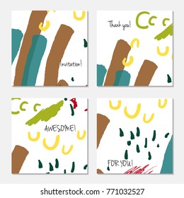 Hand drawn creative universal invitation greeting card template. Abstract scribbles doodles bright colors.Birthday, wedding, party, social media banners templates. Isolated vector card templates.
