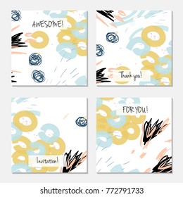 Hand drawn creative universal invitation greeting card template. Abstract scribbles doodles bright colors.Birthday, wedding, party, social media banners templates. Isolated vector card templates.