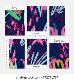 Hand drawn creative universal invitation greeting cards template. Abstract scribbles doodles bright colors.Birthday, wedding, party, social media banners templates. Isolated vector card templates.