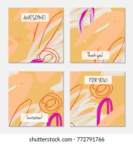 Hand drawn creative universal invitation greeting card template. Abstract scribbles doodles bright colors.Birthday, wedding, party, social media banners templates. Isolated vector card templates.
