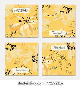 Hand drawn creative universal invitation greeting cards template. Abstract scribbles doodles bright colors.Birthday, wedding, party, social media banners templates. Isolated vector card templates.