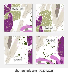 Hand drawn creative universal invitation greeting cards template. Abstract scribbles doodles bright colors.Birthday, wedding, party, social media banners templates. Isolated vector card templates.