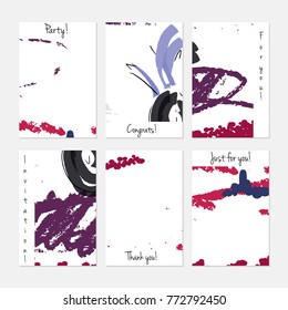 Hand drawn creative universal invitation greeting cards template. Abstract scribbles doodles bright colors.Birthday, wedding, party, social media banners templates. Isolated vector card templates.