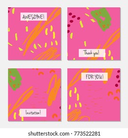 Hand drawn creative universal invitation greeting card template. Abstract scribbles doodles bright colors.Birthday, wedding, party, social media banners templates. Isolated vector card templates.