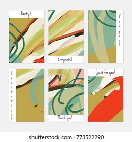 Hand drawn creative universal invitation greeting cards template. Abstract scribbles doodles bright colors.Birthday, wedding, party, social media banners templates. Isolated vector card templates.