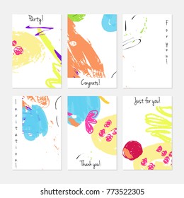 Hand drawn creative universal invitation greeting cards template. Abstract scribbles doodles bright colors.Birthday, wedding, party, social media banners templates. Isolated vector card templates.