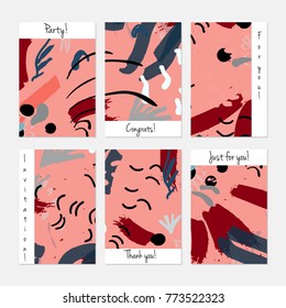 Hand drawn creative universal invitation greeting cards template. Abstract scribbles doodles bright colors.Birthday, wedding, party, social media banners templates. Isolated vector card templates.