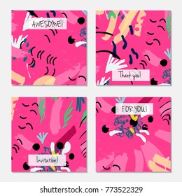 Hand drawn creative universal invitation greeting card template. Abstract scribbles doodles bright colors.Birthday, wedding, party, social media banners templates. Isolated vector card templates.