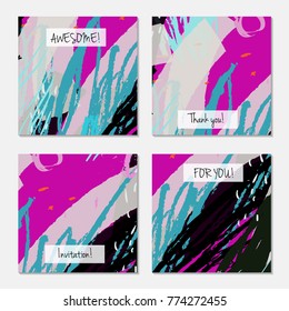 Hand drawn creative universal invitation greeting card template. Abstract scribbles doodles bright colors.Birthday, wedding, party, social media banners templates. Isolated vector card templates.