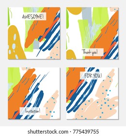 Hand drawn creative universal invitation greeting card template. Abstract scribbles doodles bright colors.Birthday, wedding, party, social media banners templates. Isolated vector card templates.