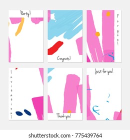 Hand drawn creative universal invitation greeting cards template. Abstract scribbles doodles bright colors.Birthday, wedding, party, social media banners templates. Isolated vector card templates.