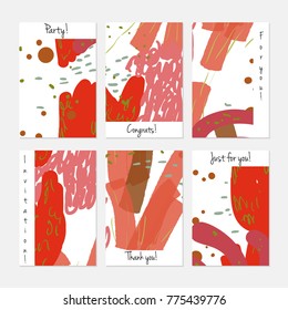 Hand drawn creative universal invitation greeting cards template. Abstract scribbles doodles bright colors.Birthday, wedding, party, social media banners templates. Isolated vector card templates.