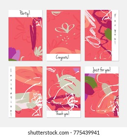 Hand drawn creative universal invitation greeting cards template. Abstract scribbles doodles bright colors.Birthday, wedding, party, social media banners templates. Isolated vector card templates.