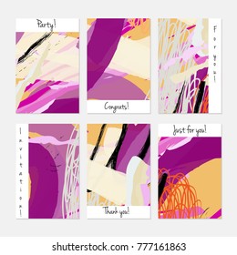 Hand drawn creative universal invitation greeting cards template. Abstract scribbles doodles bright colors.Birthday, wedding, party, social media banners templates. Isolated vector card templates.