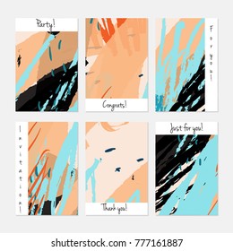 Hand drawn creative universal invitation greeting cards template. Abstract scribbles doodles bright colors.Birthday, wedding, party, social media banners templates. Isolated vector card templates.