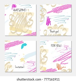 Hand drawn creative universal invitation greeting card template. Abstract scribbles doodles bright colors.Birthday, wedding, party, social media banners templates. Isolated vector card templates.