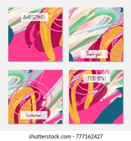 Hand drawn creative universal invitation greeting cards template. Abstract scribbles doodles bright colors.Birthday, wedding, party, social media banners templates. Isolated vector card templates.