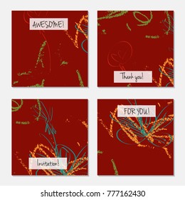 Hand drawn creative universal invitation greeting cards template. Abstract scribbles doodles bright colors.Birthday, wedding, party, social media banners templates. Isolated vector card templates.