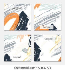 Hand drawn creative universal invitation greeting card template. Abstract scribbles doodles bright colors.Birthday, wedding, party, social media banners templates. Isolated vector card templates.