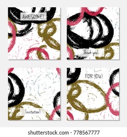 Hand drawn creative universal invitation greeting card template. Abstract scribbles doodles bright colors.Birthday, wedding, party, social media banners templates. Isolated vector card templates.