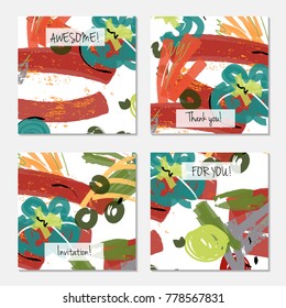 Hand drawn creative universal invitation greeting card template. Abstract scribbles doodles bright colors.Birthday, wedding, party, social media banners templates. Isolated vector card templates.