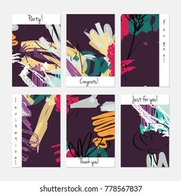 Hand drawn creative universal invitation greeting cards template. Abstract scribbles doodles bright colors.Birthday, wedding, party, social media banners templates. Isolated vector card templates.