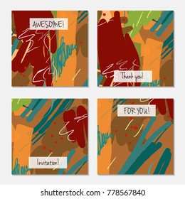 Hand drawn creative universal invitation greeting card template. Abstract scribbles doodles bright colors.Birthday, wedding, party, social media banners templates. Isolated vector card templates.