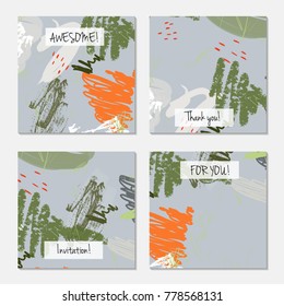 Hand drawn creative universal invitation greeting cards template. Abstract scribbles doodles bright colors.Birthday, wedding, party, social media banners templates. Isolated vector card templates.