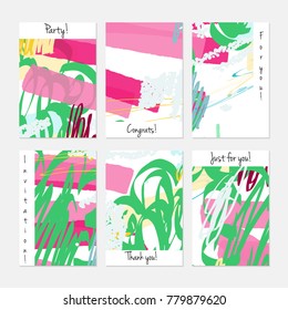 Hand drawn creative universal invitation greeting cards template. Abstract scribbles doodles bright colors.Birthday, wedding, party, social media banners templates. Isolated vector card templates.