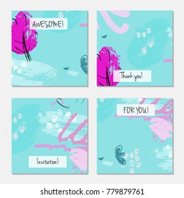 Hand drawn creative universal invitation greeting cards template. Abstract scribbles doodles bright colors.Birthday, wedding, party, social media banners templates. Isolated vector card templates.
