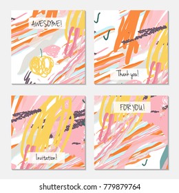 Hand drawn creative universal invitation greeting cards template. Abstract scribbles doodles bright colors.Birthday, wedding, party, social media banners templates. Isolated vector card templates.