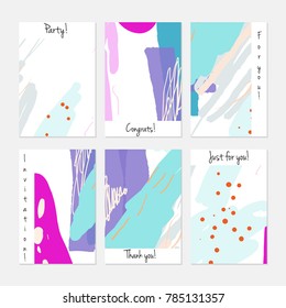 Hand drawn creative universal invitation greeting cards template. Abstract scribbles doodles bright colors.Birthday, wedding, party, social media banners templates. Isolated vector card templates.