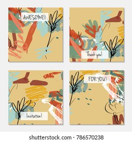 Hand drawn creative universal invitation greeting card template. Abstract scribbles doodles bright colors.Birthday, wedding, party, social media banners templates. Isolated vector card templates.