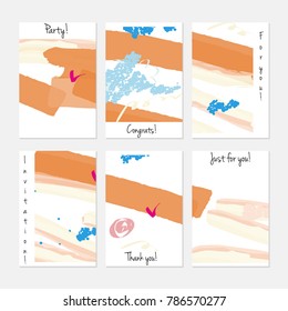 Hand drawn creative universal invitation greeting cards template. Abstract scribbles doodles bright colors.Birthday, wedding, party, social media banners templates. Isolated vector card templates.