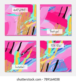 Hand drawn creative universal invitation greeting card template. Abstract scribbles doodles bright colors.Birthday, wedding, party, social media banners templates. Isolated vector card templates.