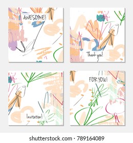 Hand drawn creative universal invitation greeting card template. Abstract scribbles doodles bright colors.Birthday, wedding, party, social media banners templates. Isolated vector card templates.