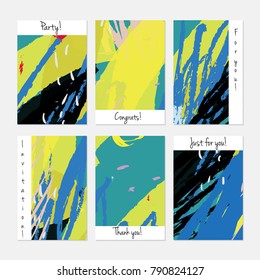 Hand drawn creative universal invitation greeting cards template. Abstract scribbles doodles bright colors.Birthday, wedding, party, social media banners templates. Isolated vector card templates.
