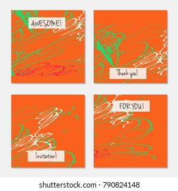 Hand drawn creative universal invitation greeting card template. Abstract scribbles doodles bright colors.Birthday, wedding, party, social media banners templates. Isolated vector card templates.