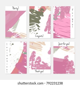 Hand drawn creative universal invitation greeting cards template. Abstract scribbles doodles bright colors.Birthday, wedding, party, social media banners templates. Isolated vector card templates.