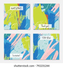 Hand drawn creative universal invitation greeting card template. Abstract scribbles doodles bright colors.Birthday, wedding, party, social media banners templates. Isolated vector card templates.
