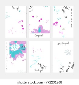 Hand drawn creative universal invitation greeting cards template. Abstract scribbles doodles bright colors.Birthday, wedding, party, social media banners templates. Isolated vector card templates.