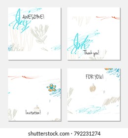 Hand drawn creative universal invitation greeting card template. Abstract scribbles doodles bright colors.Birthday, wedding, party, social media banners templates. Isolated vector card templates.