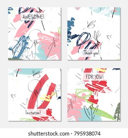 Hand drawn creative universal invitation greeting card template. Abstract scribbles doodles bright colors.Birthday, wedding, party, social media banners templates. Isolated vector card templates.