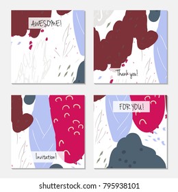 Hand drawn creative universal invitation greeting card template. Abstract scribbles doodles bright colors.Birthday, wedding, party, social media banners templates. Isolated vector card templates.