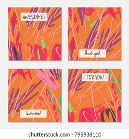 Hand drawn creative universal invitation greeting card template. Abstract scribbles doodles bright colors.Birthday, wedding, party, social media banners templates. Isolated vector card templates.