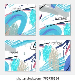 Hand drawn creative universal invitation greeting card template. Abstract scribbles doodles bright colors.Birthday, wedding, party, social media banners templates. Isolated vector card templates.